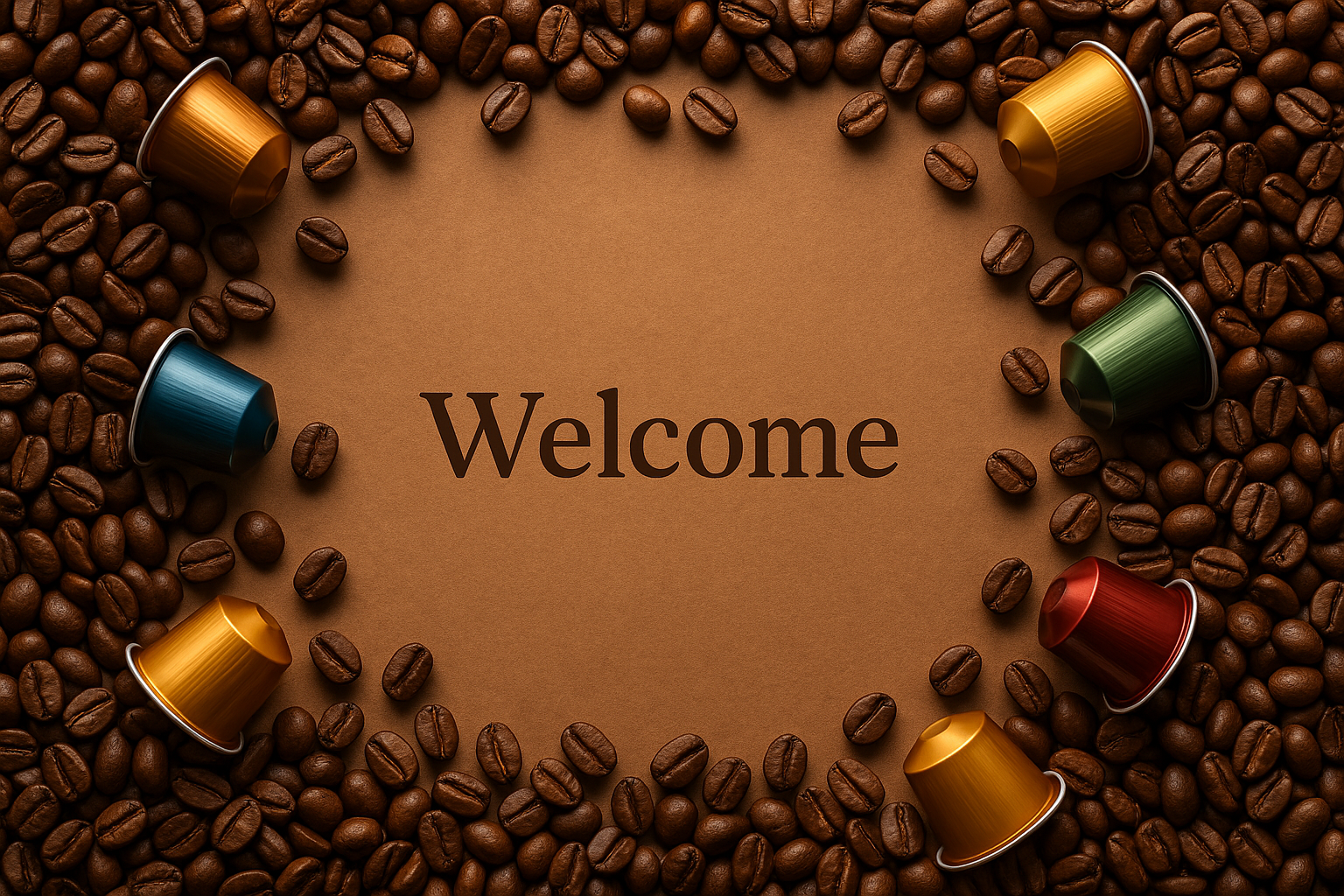 premium coffee beans and capsules with small welcome message in center of the design